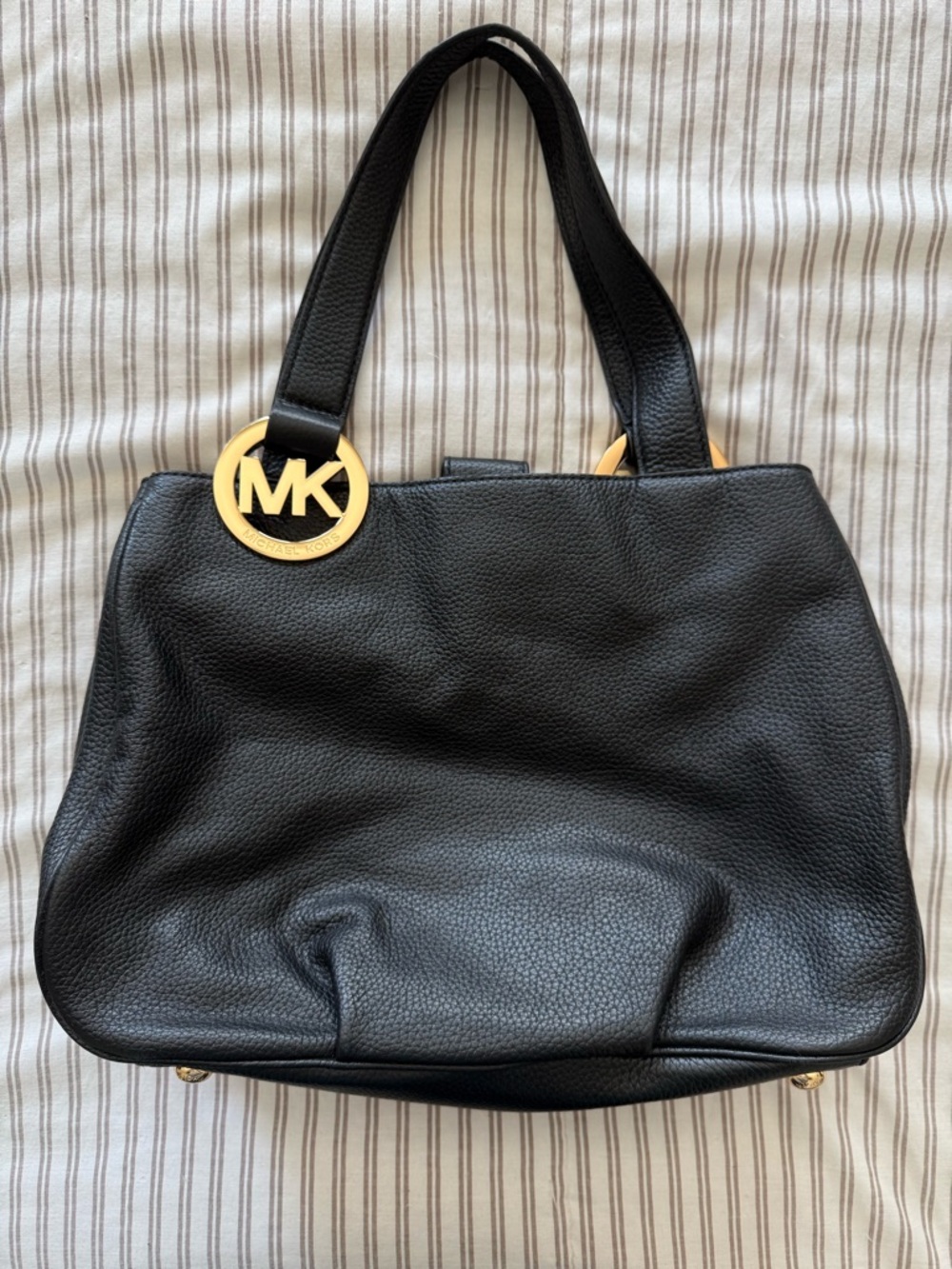 Michael Kors Black Leather Tote with Gold MK Logo Charm